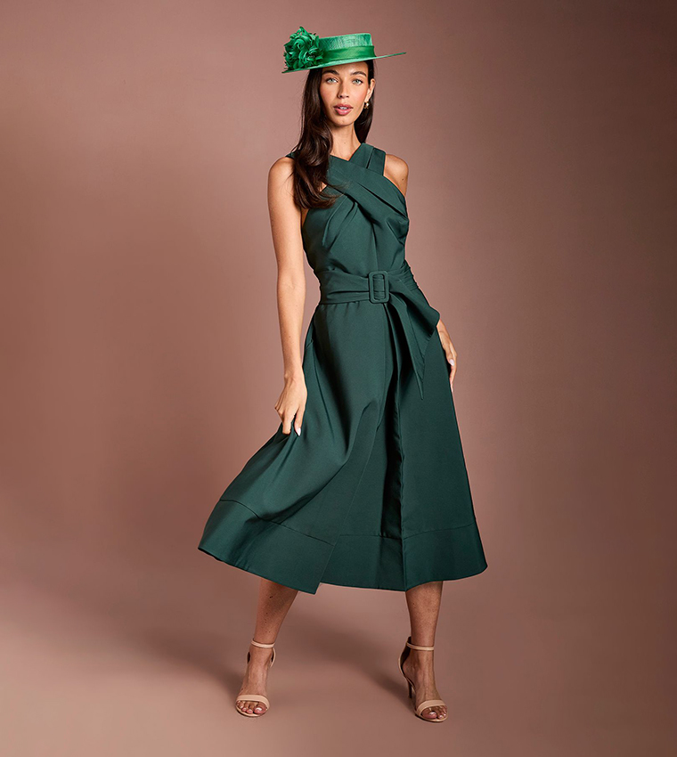 Lisa Tan Cross Neck Belted Crepe Midi Party Dress