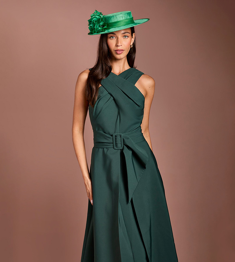 Lisa Tan Cross Neck Belted Crepe Midi Party Dress