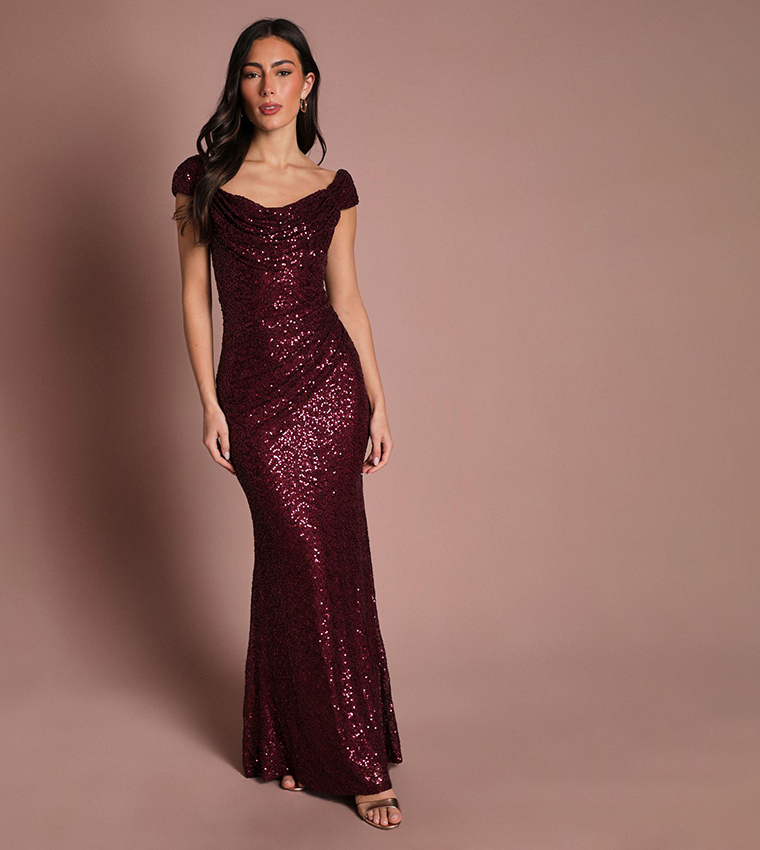 Sequin Cowl Neck Maxi Dress