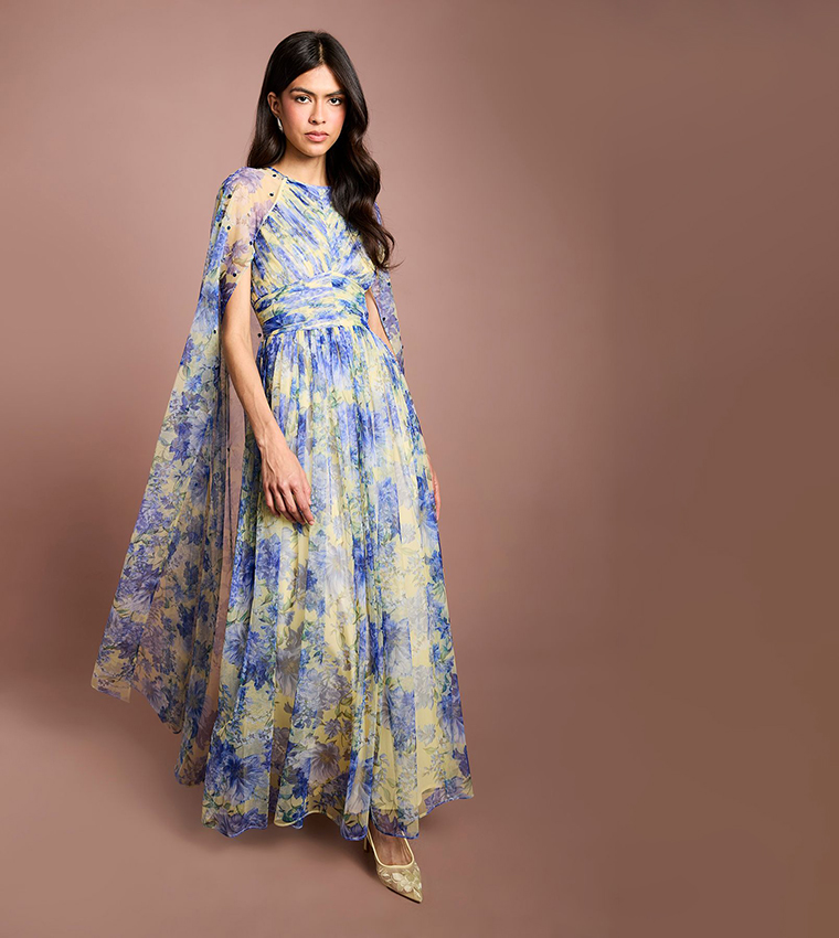 Gemstone Pleated Mesh Printed Cape Maxi Party Dress