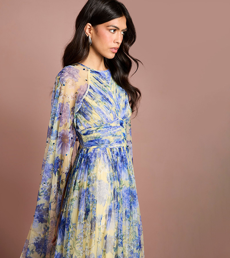 Gemstone Pleated Mesh Printed Cape Maxi Party Dress
