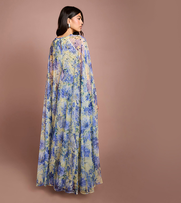 Gemstone Pleated Mesh Printed Cape Maxi Party Dress