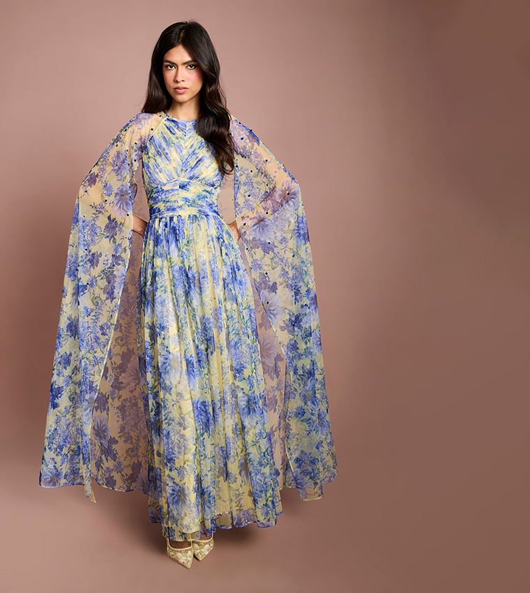 Gemstone Pleated Mesh Printed Cape Maxi Party Dress