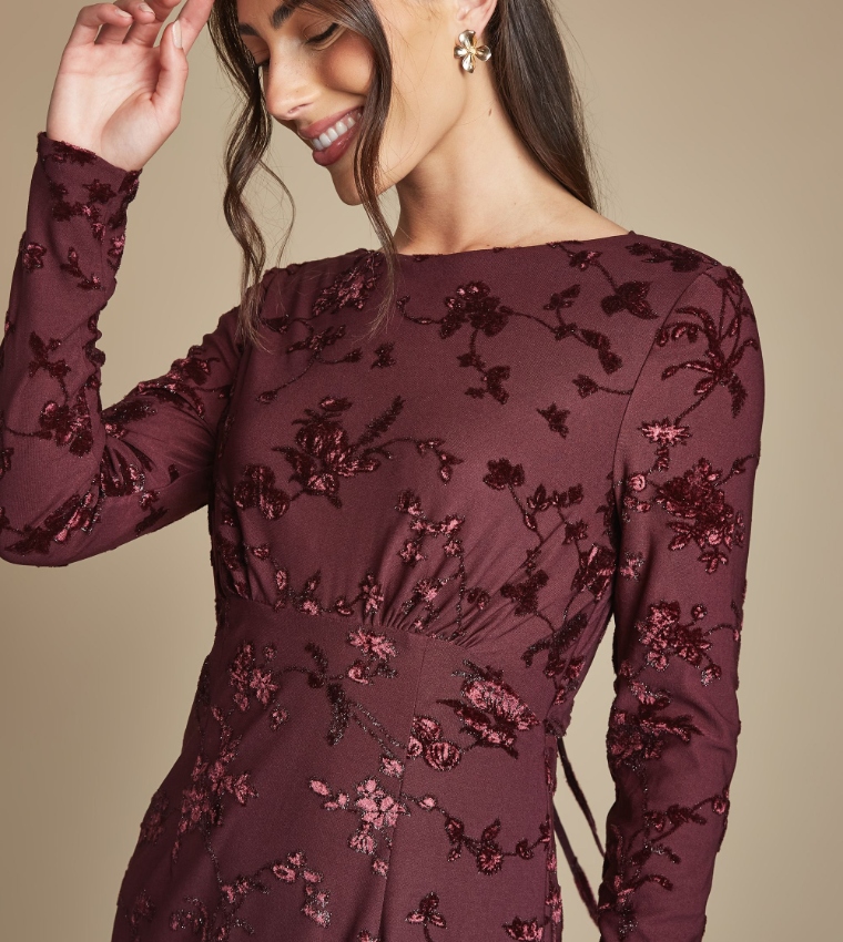 Devore Mesh Cowl Back Maxi Bridesmaid Dress