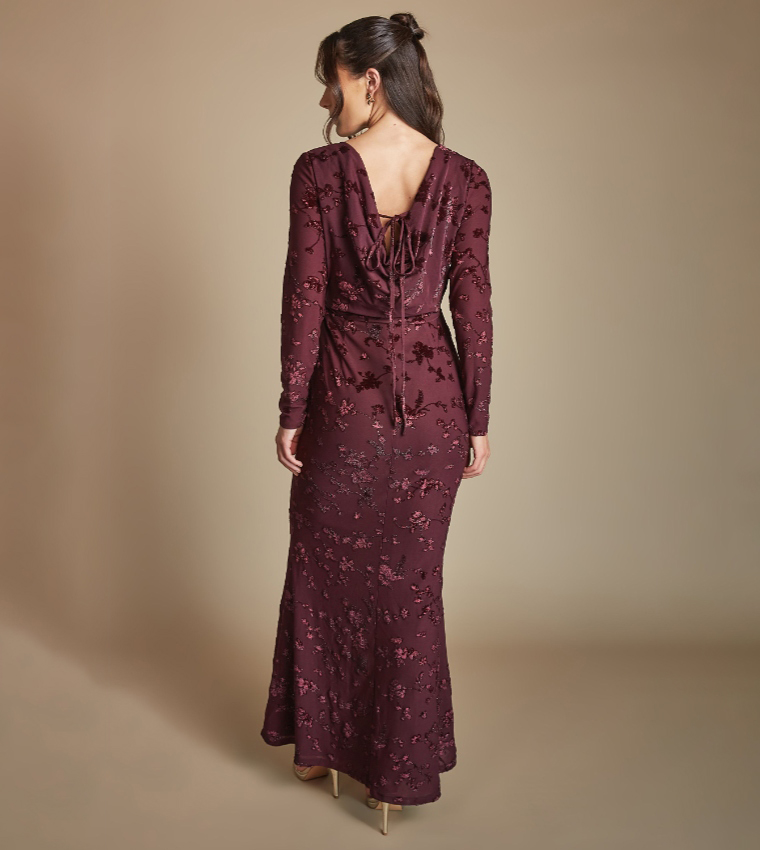 Devore Mesh Cowl Back Maxi Bridesmaid Dress