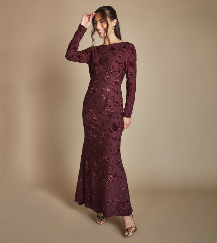 Devore Mesh Cowl Back Maxi Bridesmaid Dress