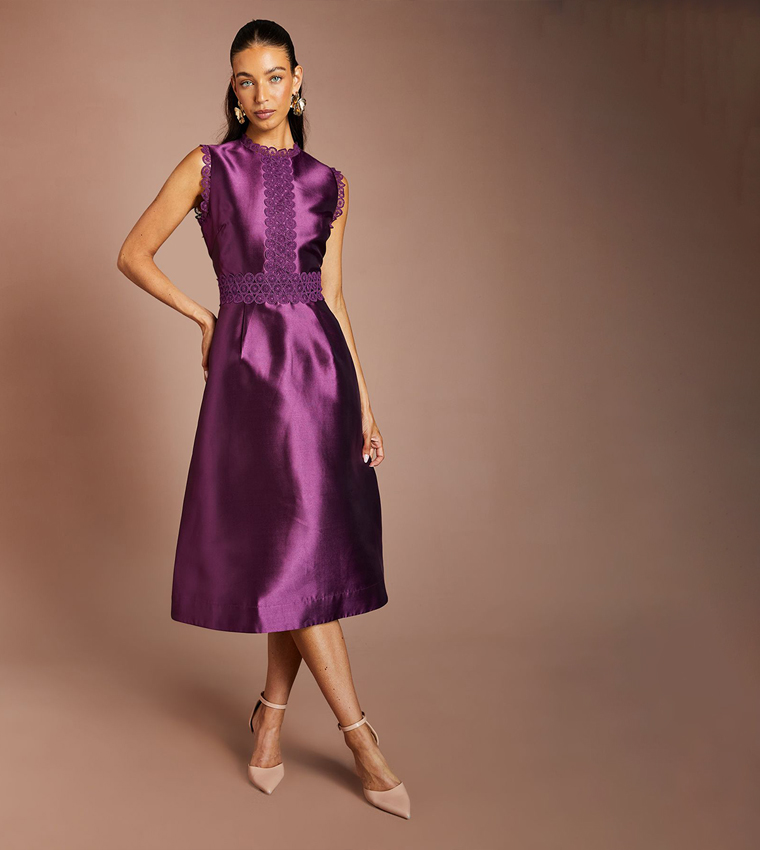 Solid Twill Lace Midi Party Dress