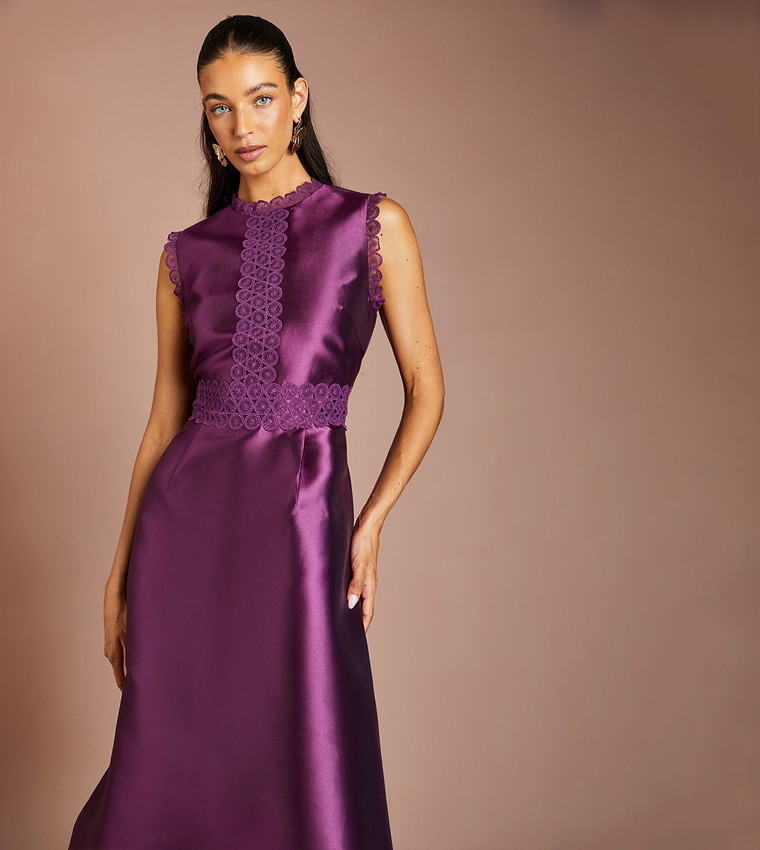 Solid Twill Lace Midi Party Dress
