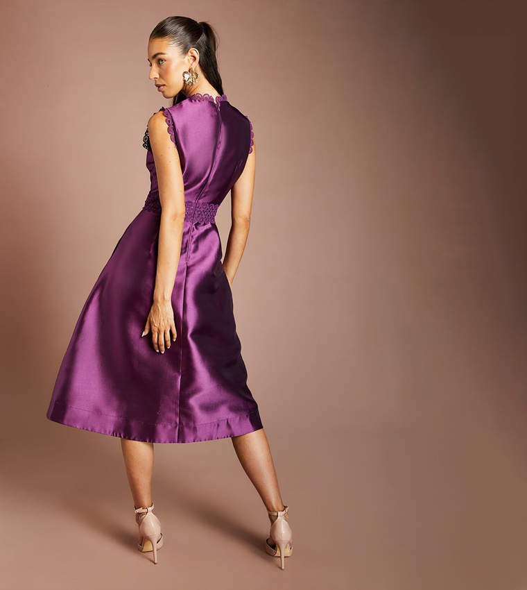 Solid Twill Lace Midi Party Dress
