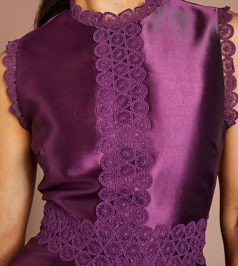 Solid Twill Lace Midi Party Dress