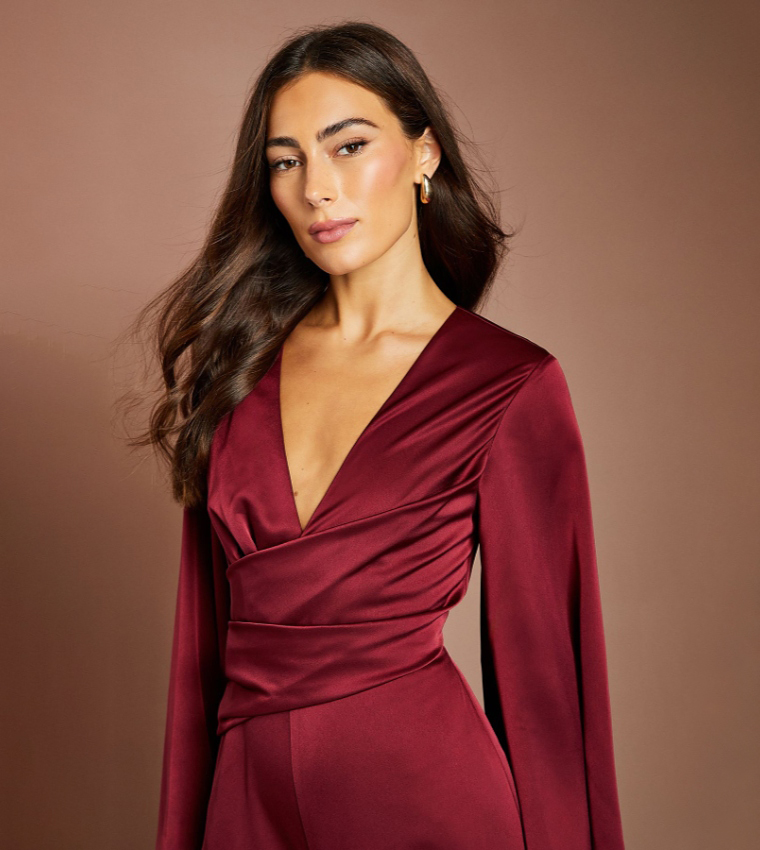Solid Flared Sleeves Wrap Waist Satin Jumpsuit