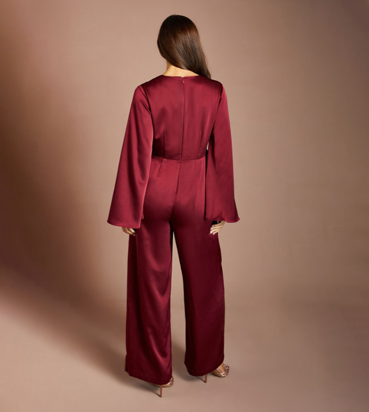 Solid Flared Sleeves Wrap Waist Satin Jumpsuit