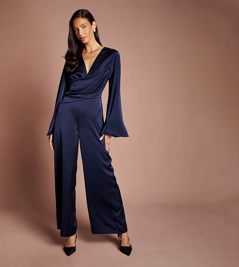 Flared Sleeves Wrap Waist Satin Jumpsuit