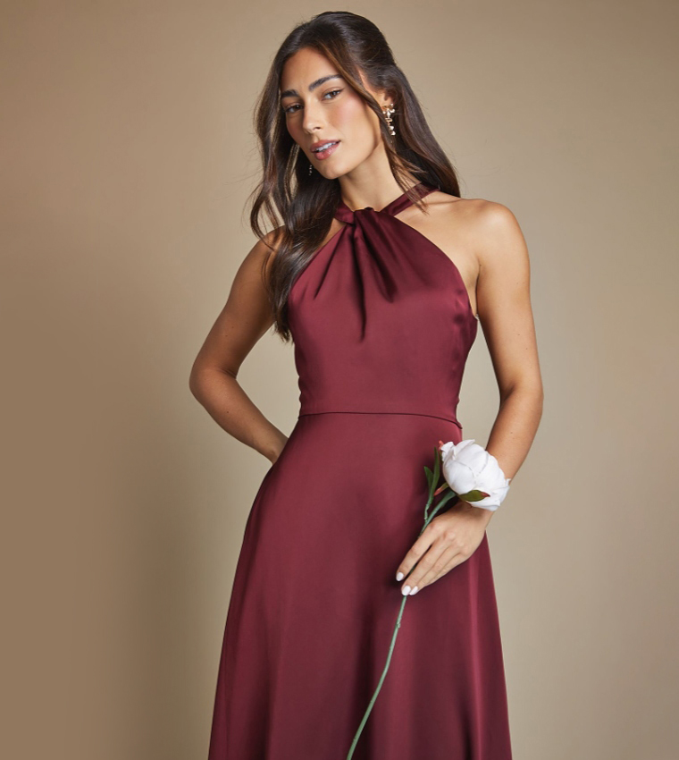 Twist Halterneck Satin Maxi Bridesmaid Dress
