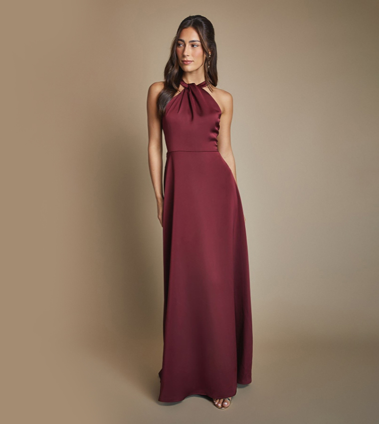 Twist Halterneck Satin Maxi Bridesmaid Dress