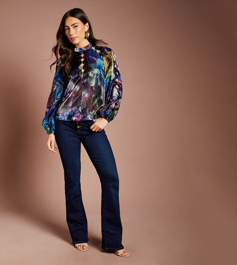 Printed Long Sleeves Cut Work Top