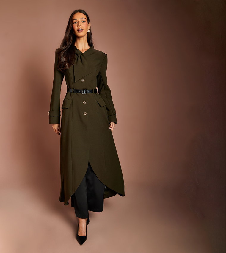 Lisa Tan Gold Button Bow Detail Coat