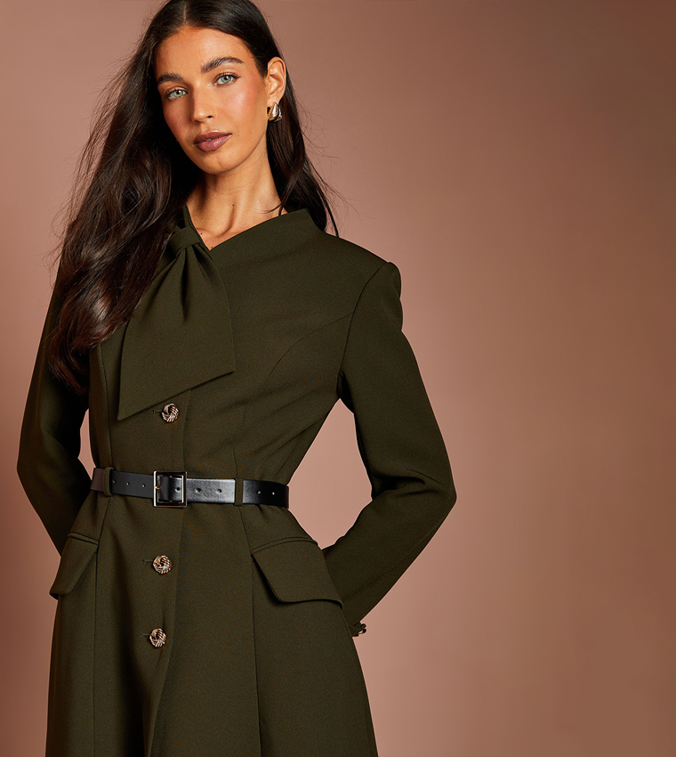 Lisa Tan Gold Button Bow Detail Coat
