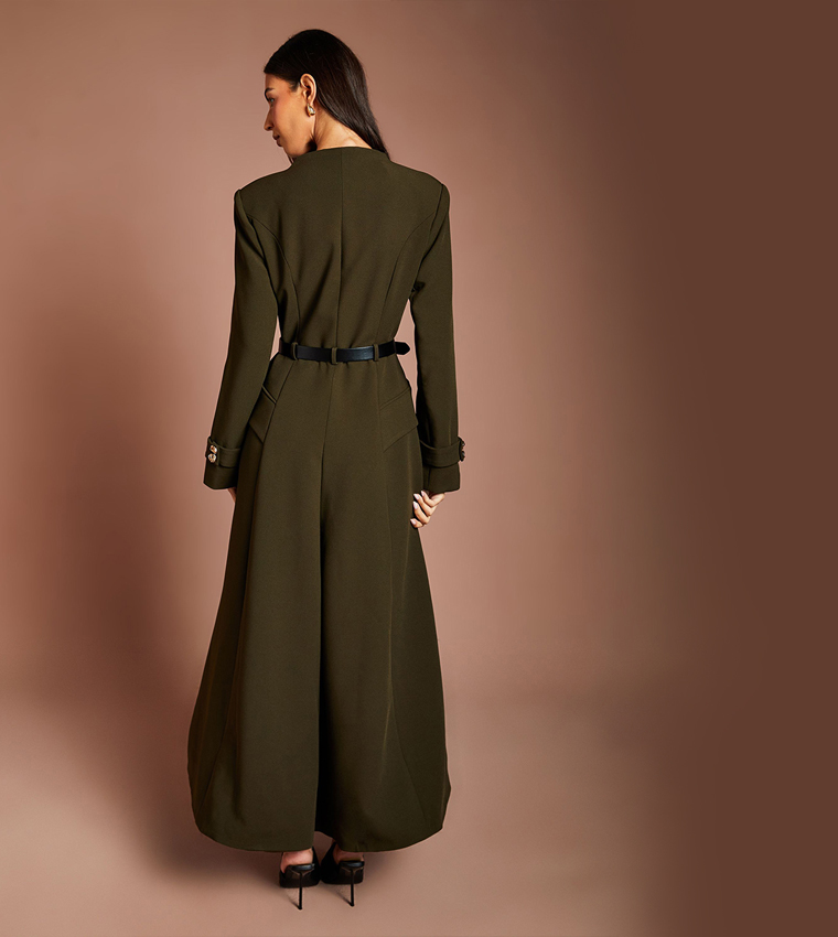 Lisa Tan Gold Button Bow Detail Coat