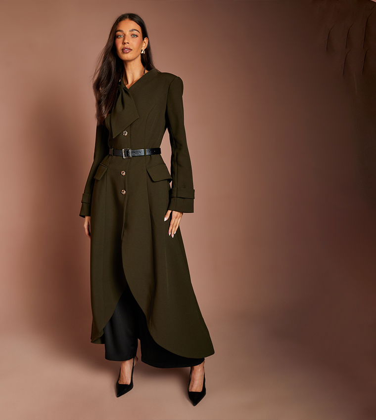 Lisa Tan Gold Button Bow Detail Coat