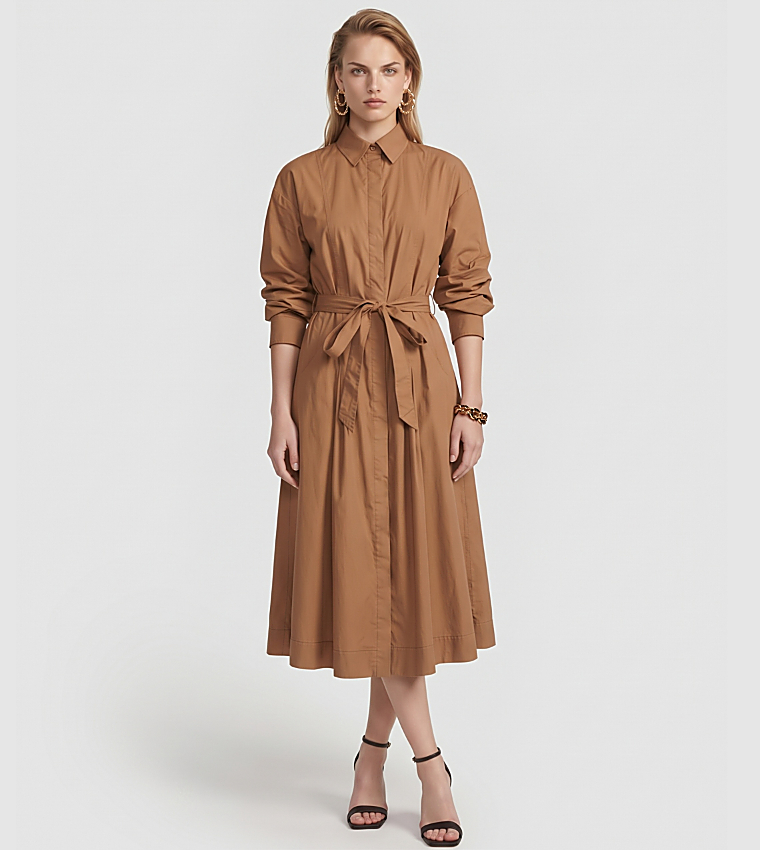 Solid Ruched Belted Midi Shirt Dress
