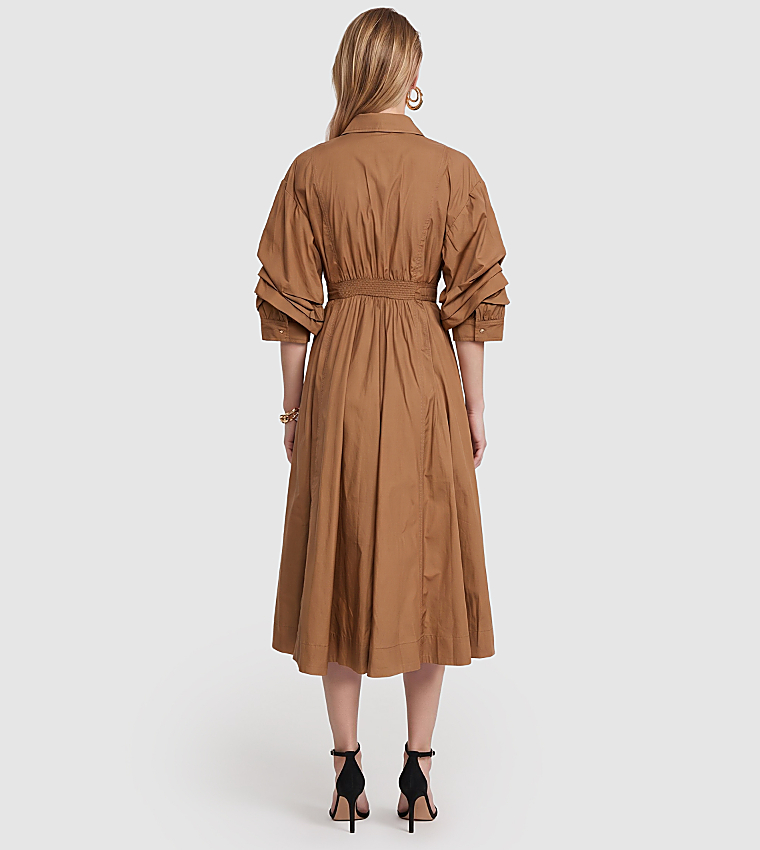 Solid Ruched Belted Midi Shirt Dress