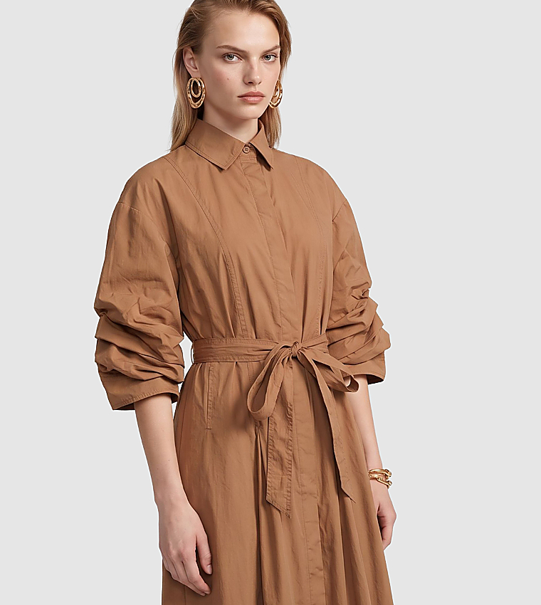 Solid Ruched Belted Midi Shirt Dress