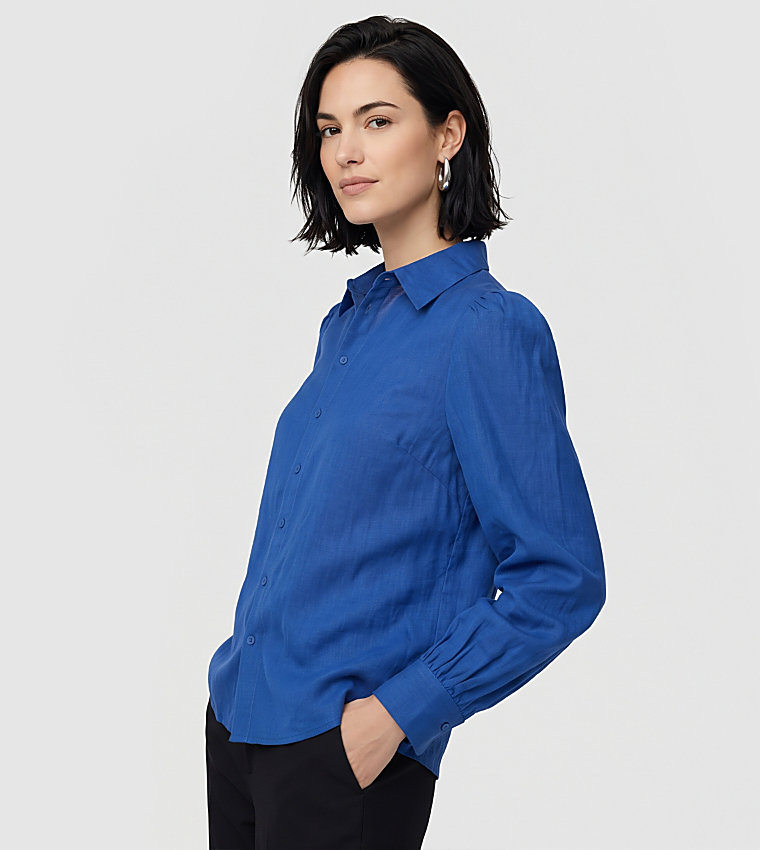 Solid Classic Collar Puff Sleeves Shirt
