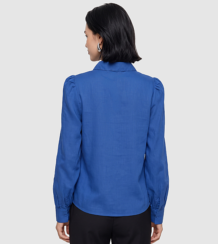 Solid Classic Collar Puff Sleeves Shirt