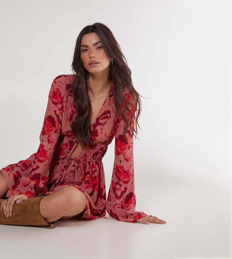 Floral Print Fluted Sleeves Mini Dress