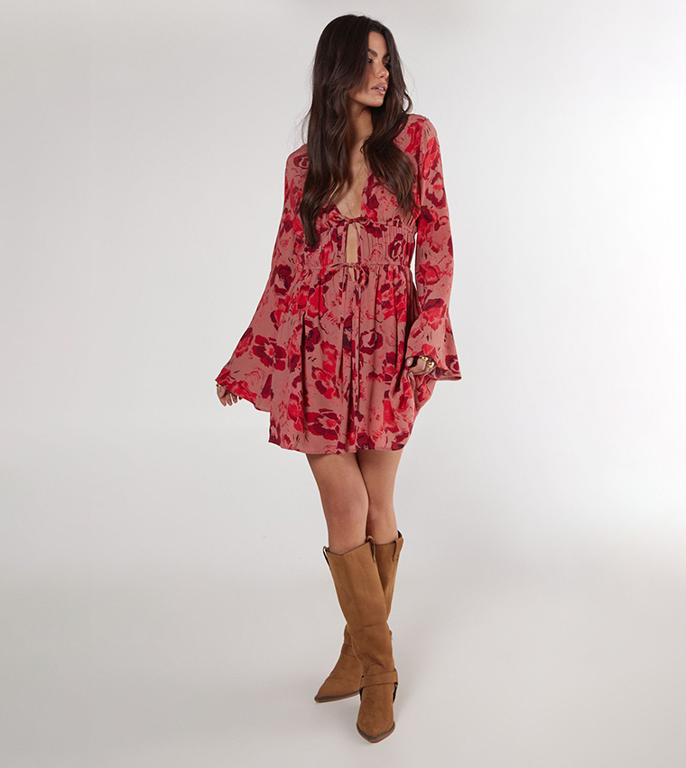 Floral Print Fluted Sleeves Mini Dress
