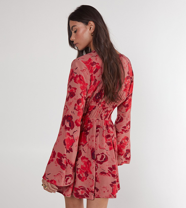 Floral Print Fluted Sleeves Mini Dress