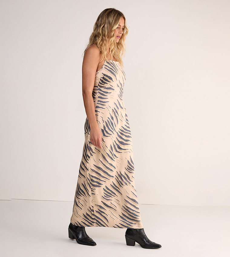 Tiger Printed Satin Cowl Back Strappy Maxi Dress