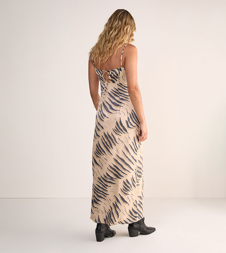 Tiger Printed Satin Cowl Back Strappy Maxi Dress