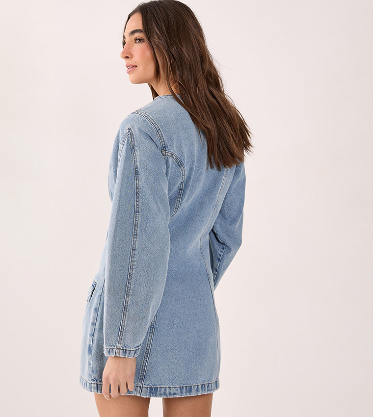 parasuco denim dress Parker Embellished Mini in mid cerulean Neck_V-Neck structured collar Color:11# Tianna Blue Denim Midi