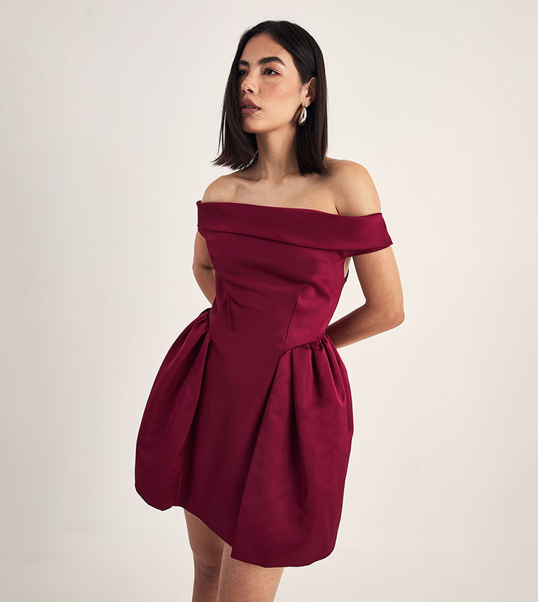 strapless open back dress Red Mesh Ruched Bardot Mini Dress main image 1