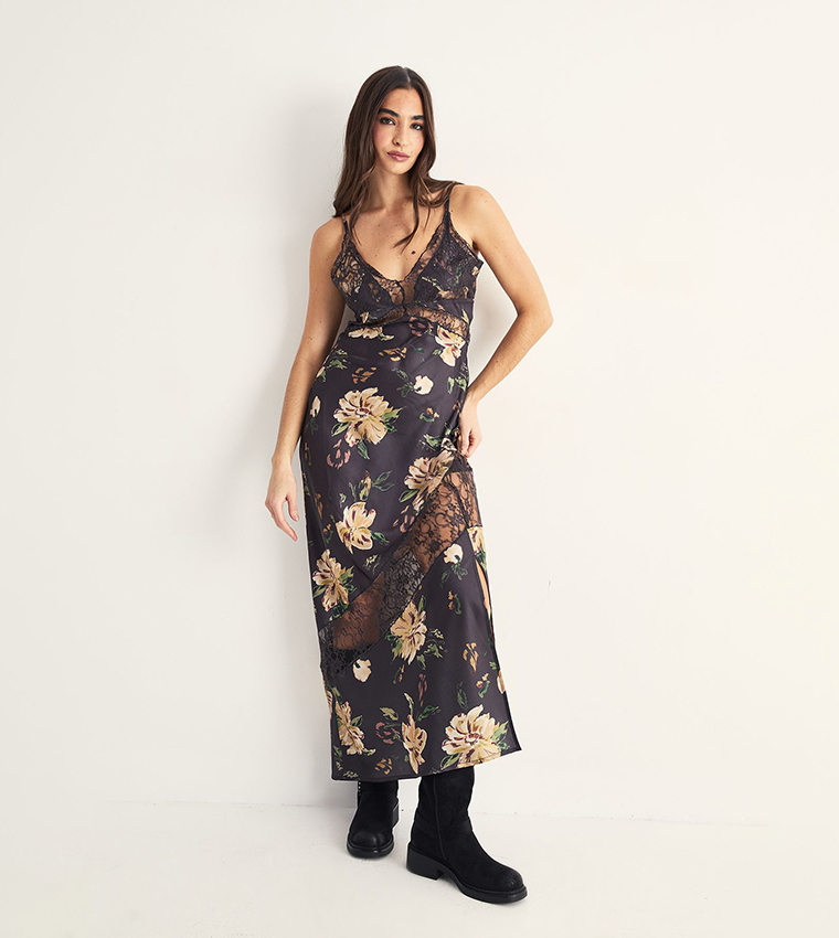 Satin Floral Print Cutwork Lace Split Leg Maxi Dress