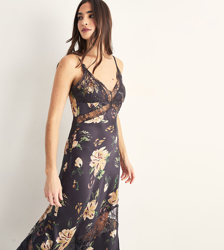 Satin Floral Print Cutwork Lace Split Leg Maxi Dress