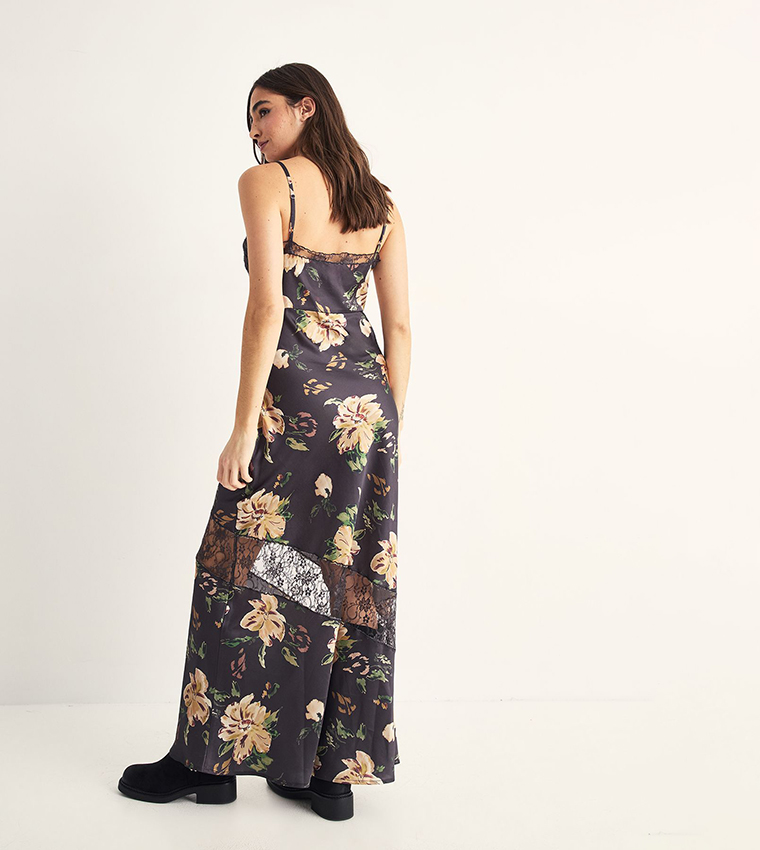 Satin Floral Print Cutwork Lace Split Leg Maxi Dress