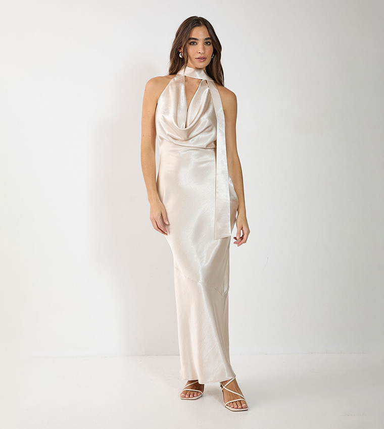 Buy Nasty Gal Satin Wrap High Neck Cowl Front Maxi Dress In Beige |  6thstreet UAE