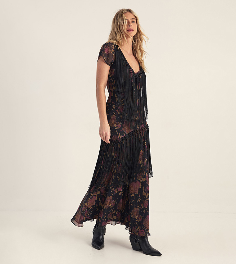Floral Chiffon Fringe Maxi Dress