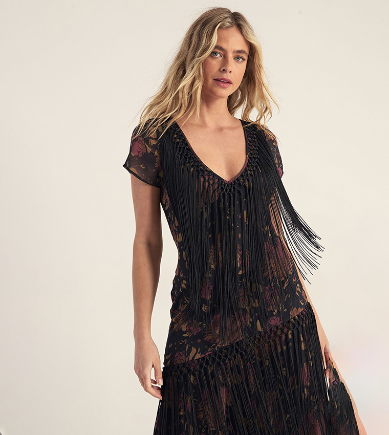 Floral Chiffon Fringe Maxi Dress