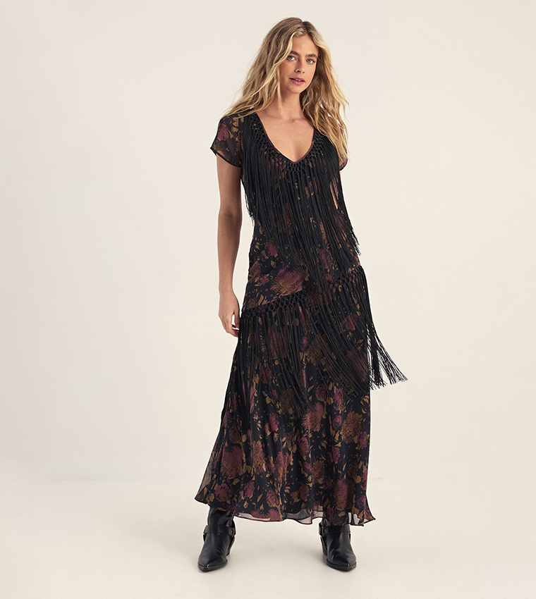 Buy Nasty Gal Floral Chiffon Fringe Maxi Dress In BLACK