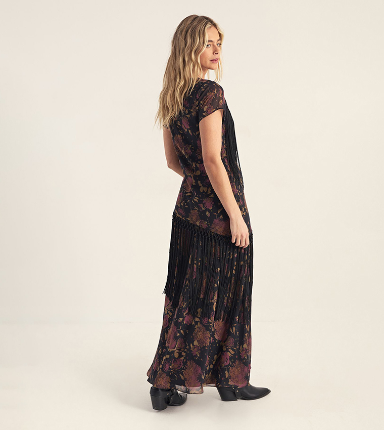 Floral Chiffon Fringe Maxi Dress