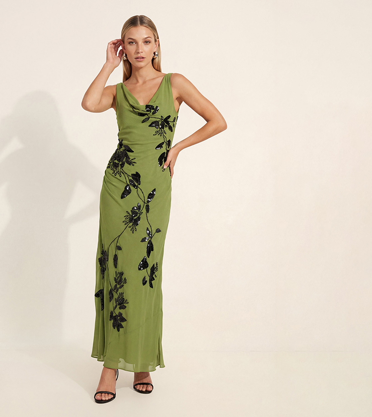 Cowl Embellished Ruched Side Maxi Dress