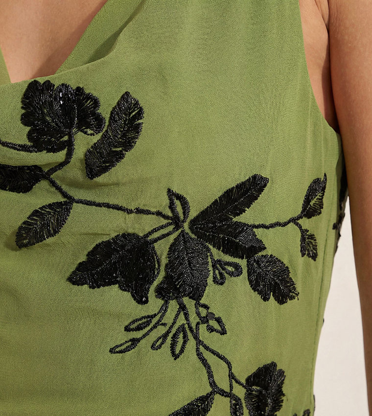 Cowl Embellished Ruched Side Maxi Dress