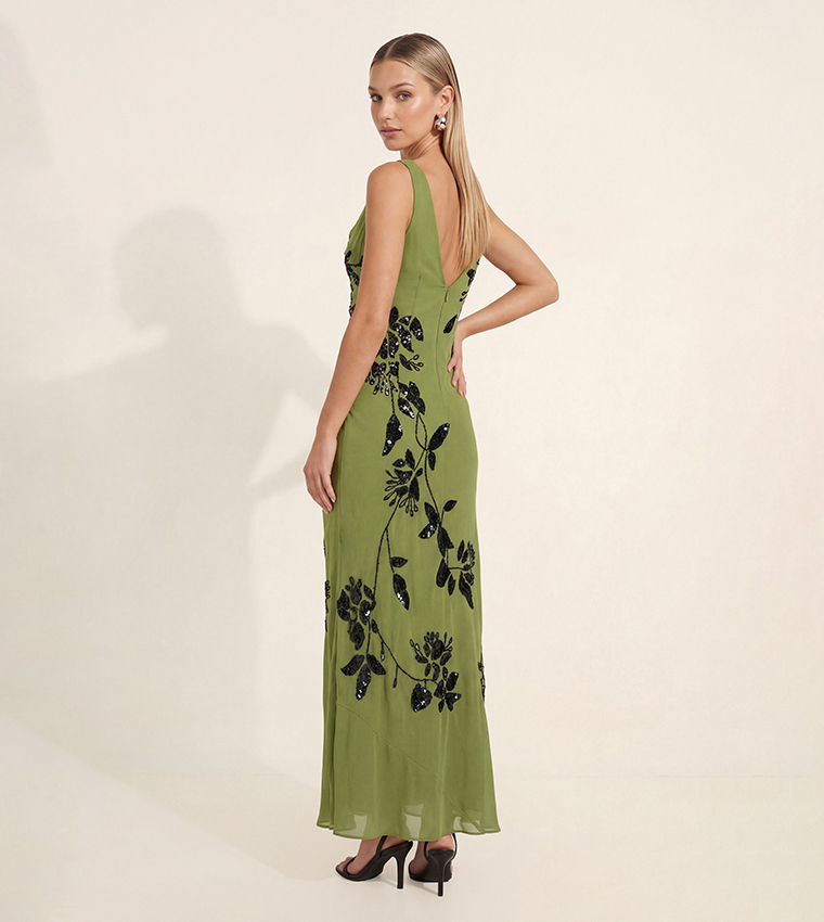 Cowl Embellished Ruched Side Maxi Dress