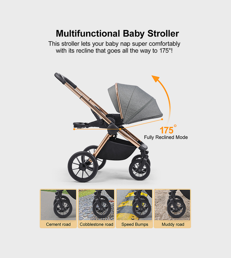 Reversible Baby Stroller with 5 Point Safety Harness, Forward & Rear Facing, Height Adjustable Handlebar, 0-36 Months, Grey and Gold - BJ02GG