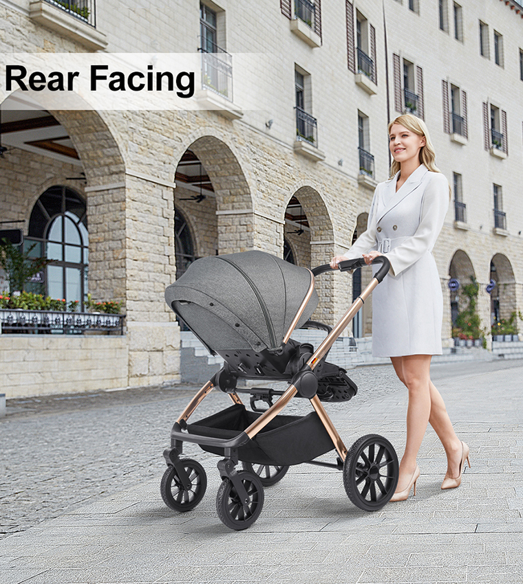 Reversible Baby Stroller with 5 Point Safety Harness, Forward & Rear Facing, Height Adjustable Handlebar, 0-36 Months, Grey and Gold - BJ02GG