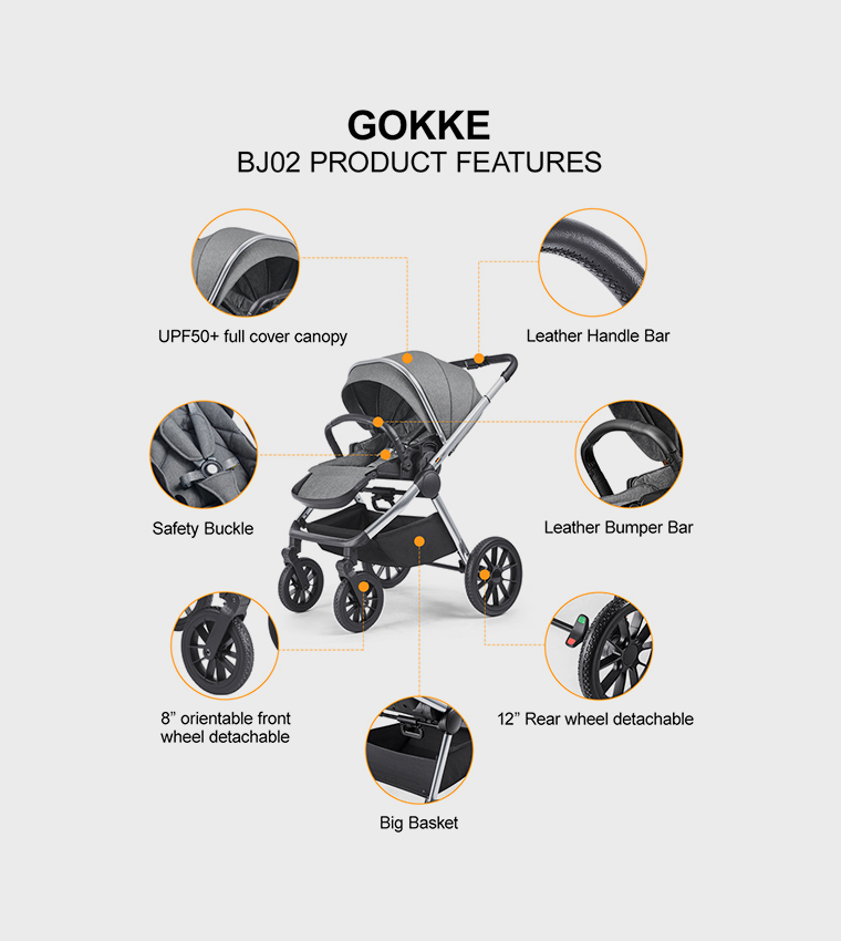 Reversible Baby Stroller with 5 Point Safety Harness, Forward & Rear Facing, Height Adjustable Handlebar, 0-36 Months, Grey & Silver - BJ02GS